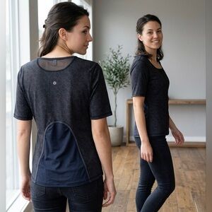 Lululemon Black Floral Square Neck Short Sleeve Top